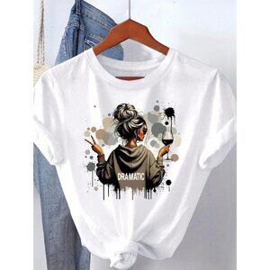 Dramatic Chic Girl Graphic Tee Casual Trendy White Top - Facing Back